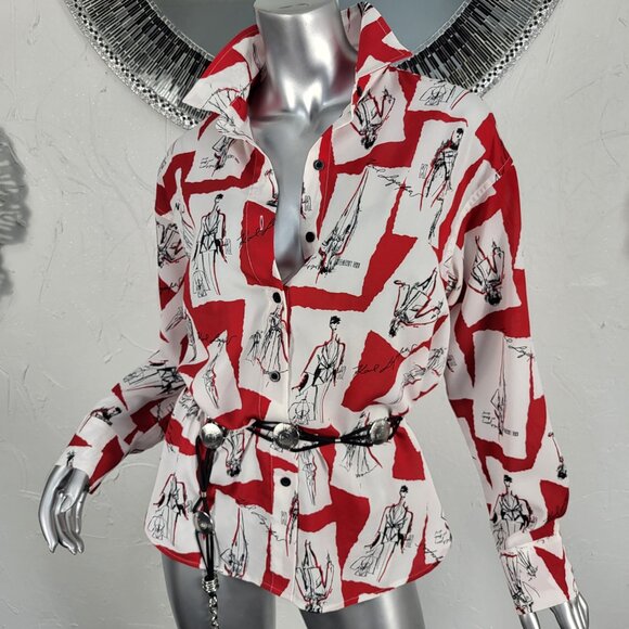 NWOT~$89~KARL LAGERFELD~S/M/L~OVERSIZED RED WHITE BLACK BLOUSE SHIRT TOP - Picture 1 of 16